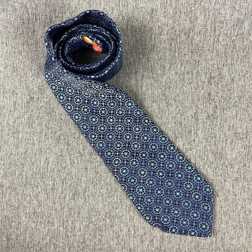 Ted‎ Baker London 100% Silk Necktie Mens Blue Geometric Woven Hand Tailored USA